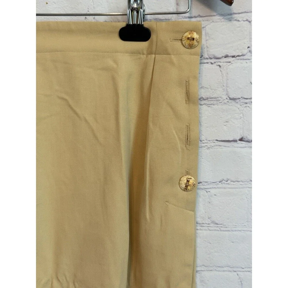 VTG Dana Buchman 100% Silk Midi Pencil Skirt Tan Yellow Mock Wrap Button Size 10
